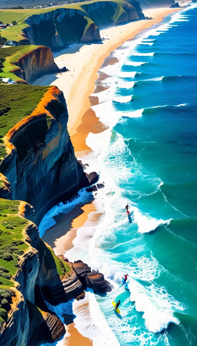 realistic photography, a panoramic aerial view of a group of surfers on an ocean in australian coastline with rocky cliffs, big crashing waves, (best quality,4k,8k,highres,masterpiece:1.2),ultra-detailed,(realistic,photorealistic,photo-realistic:1.37),dramatic lighting,vivid colors,cinematic composition,epic scale