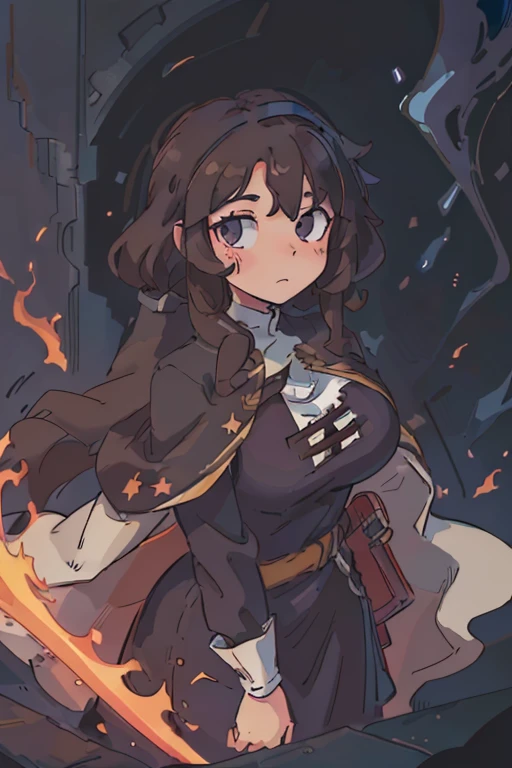 (best quality:0.8) perfect anime illustration, a gorgeous, woman with big brown curly hair in her dark room, wearing a mage cape/nun who possess a large sword