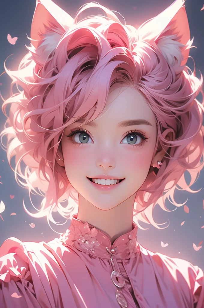 pink catgirl, portrait, cat ears, short hair, android, smiling