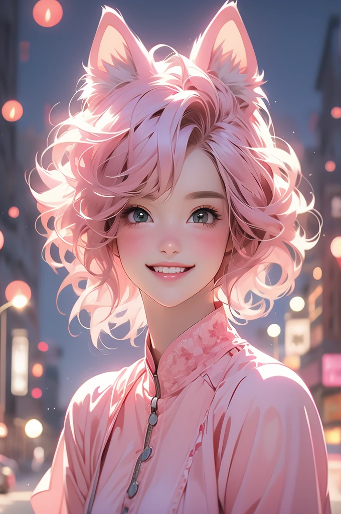 pink catgirl, portrait, cat ears, short hair, android, smiling