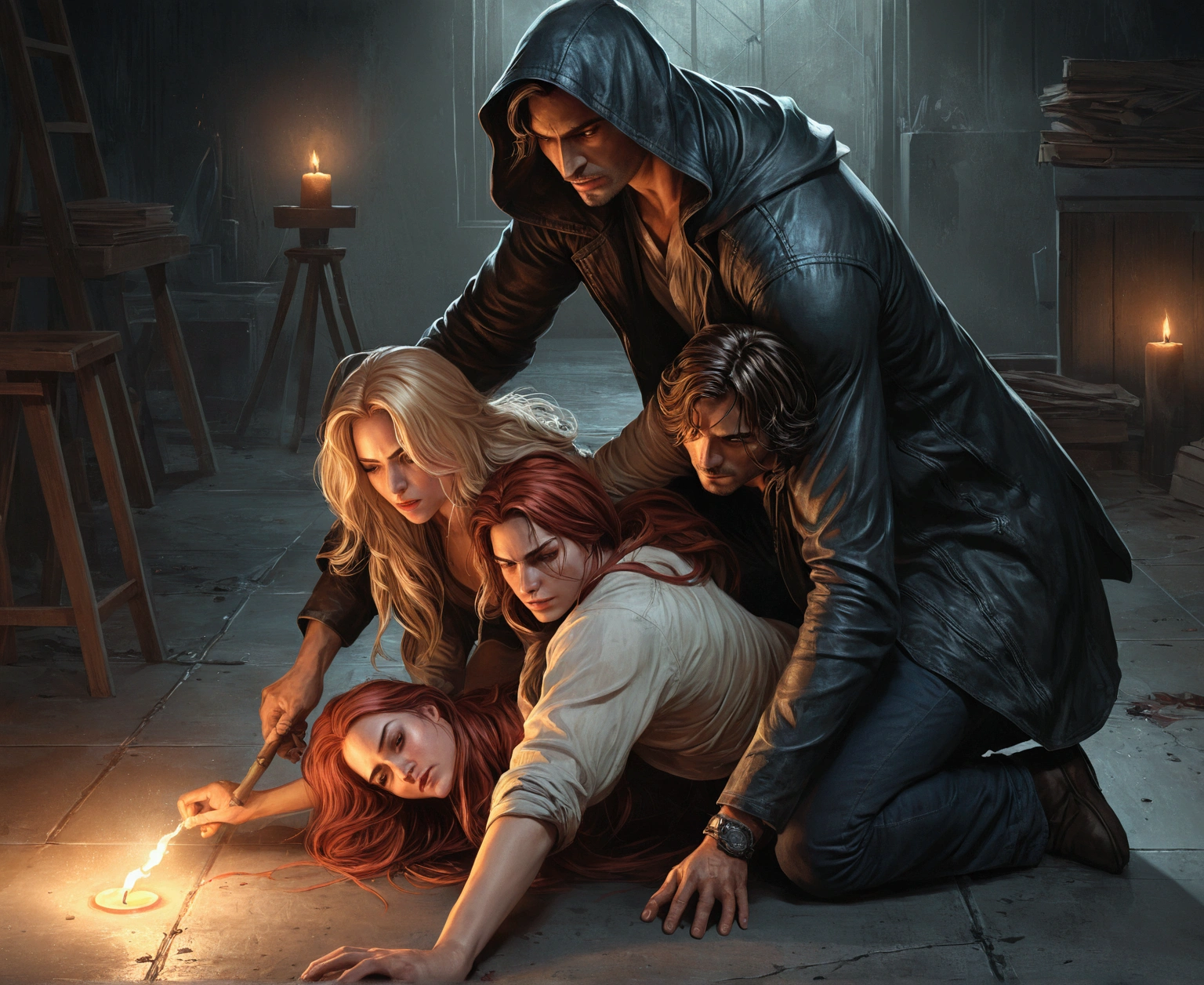 a man and a woman, a man forcibly presses a woman to the floor, a man dominates a woman, fighting, fighting, concrete garage floor, gloomy atmosphere, dark room, maniac attacked the victim, sacrifice, by candlelight, Abaddon and Magali Villeneuve, book cover inspired by Magali Villeneuve, neo-artcore and Charlie Bowater, art cover art, Charlie Bowater and Artjim, in Bowater's art style, cover art illustration