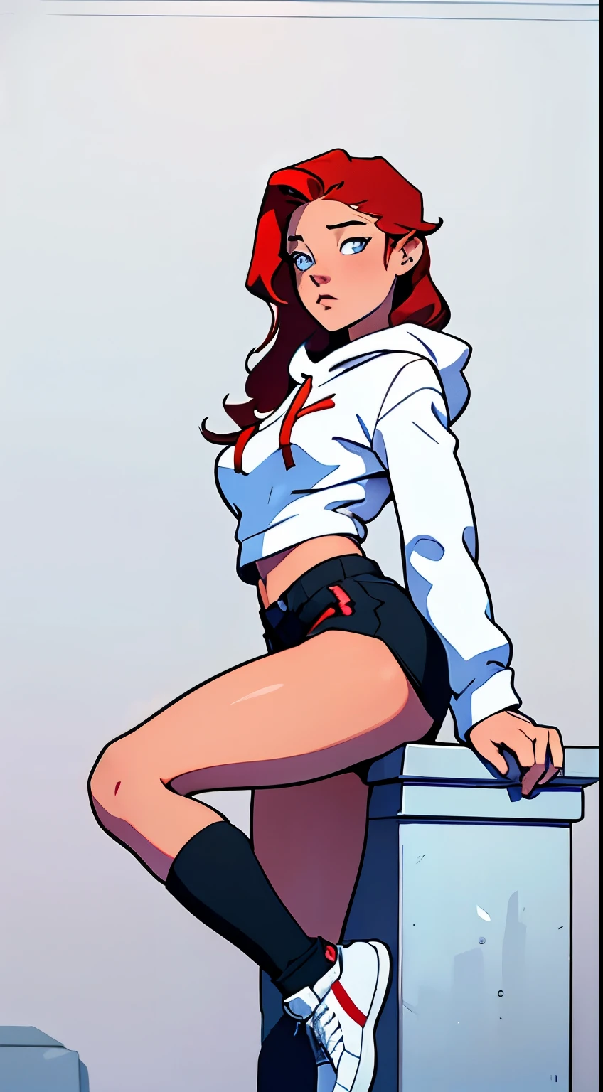 masterpiece, best quality, full body,1girl, highest image quality, 21-year-old woman, looks like Olivia Dunne, bright red hair, blue eyes, wearing a white hoodie and thigh-high black socks, sad, large breasts, White background, empty background