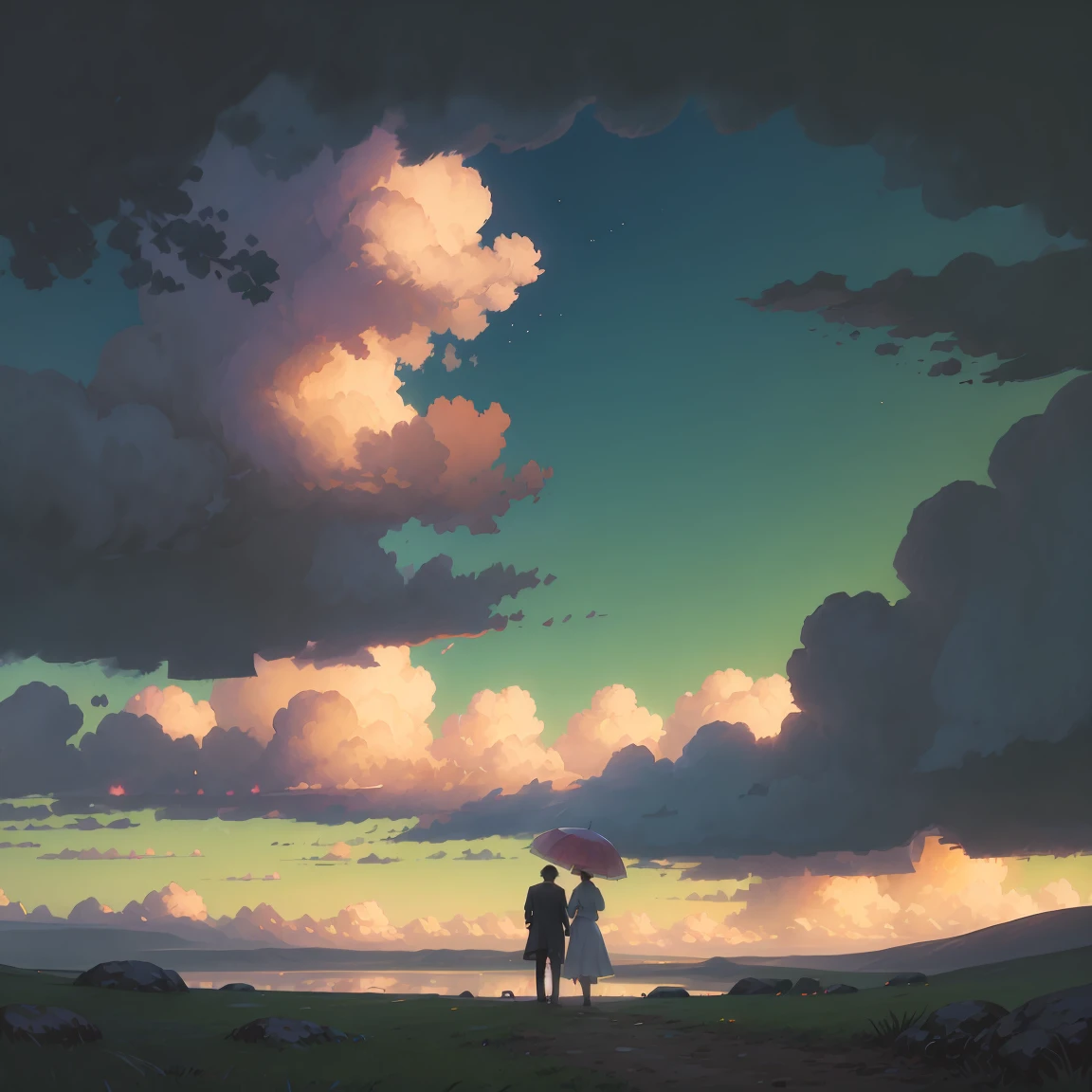 A romantic couple standing together on a grassy plain, holding a red umbrella. The man and woman embrace each other tenderly, looking into each other's eyes with love and affection. The scene is set against a backdrop of a vast open landscape, with a beautifully clouded sky above. The lush green grass in the foreground stretches out, providing a soft and natural base for the scene. The image has a slightly painterly effect, with the colors appearing vibrant and soft, reminiscent of an anime or watercolor painting. The overall atmosphere is serene and romantic, capturing a tender moment between the couple. The focus is on the couple, with the background slightly blurred, adding depth to the composition. The photograph is taken from a wide perspective, making the couple appear far away, and capturing a broad view of the sky and landscape. This wide-angle approach emphasizes the expansive beauty of the surroundings, highlighting the vast, cloud-filled sky and the rolling grassy fields, enhancing the dreamy and romantic ambiance of the scene