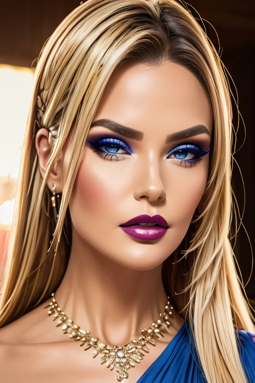 Full-length portrait of a beautiful blonde in a blue DEEP ROYAL dress with an open back and a side slit., front view, leaning forward, ultra very detailed, beautiful colors, Anime Masterpiece, high quality, FF bust, braided hairstyle, Broad smile, big anime eyes, Sight, Filled with desire, very detailed eyes, mesmerizing eyes, her eyes reflect the world, great position, perfect face, posing for the camera, bright colors, chiaroscuro, professional makeup, realistic, rude, sandy, framed figure, cinematic, realistic, perfect composition, perfect lighting, beautiful detailed complex insanely detailed octane render trending on Artstation, 8K Fine Art Photography, digital illustration, comic style, perfect composition, daylight, oil painting, soft touches, epic realistic, art WLOP and Artgerm, Sharp Focus, studio photo, complex parts, very detailed, photorealistic