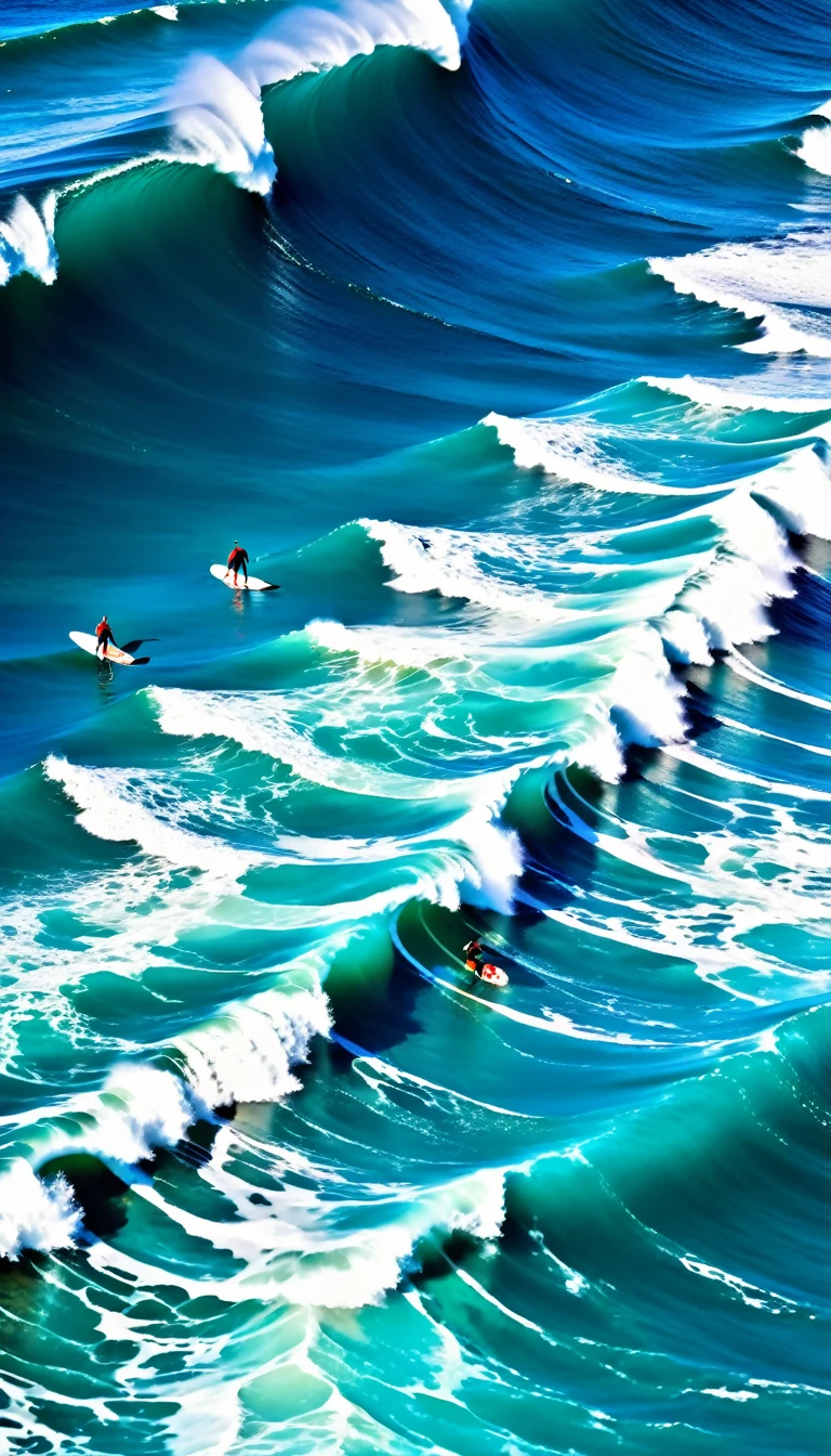 realistic photography, a panoramic aerial view of a group of surfers on an ocean in australian coastline, big waves, (best quality,4k,8k,highres,masterpiece:1.2),ultra-detailed,(realistic,photorealistic,photo-realistic:1.37),dramatic lighting,vivid colors,cinematic composition,epic scale, made by dslr