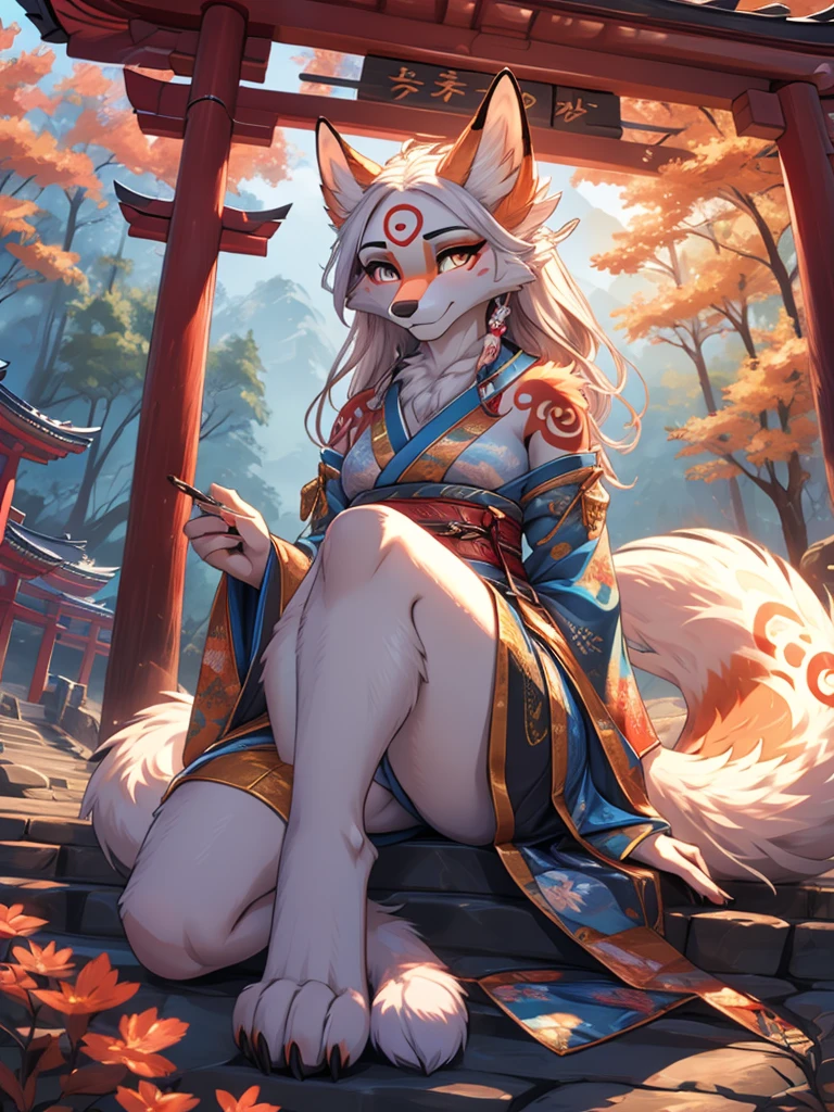 white fur kisune, amaterasu eyes, add high definition_detail:1, blue fur,kitsune ears, tribal tattoo add_detail:1, pretty girl add_detail:1, feudal priestess clothing add_detail:1, japanese shrine scenery add_detail:1, japanese shrine costume add_detail:1, bare left leg add_detail:1, add full body_detail