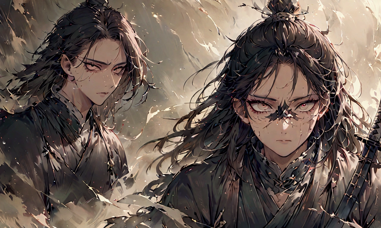 A terrifying young man, His bulging muscles cling to his tattered clothes, Wild eyes，Hand-held samurai sword. His shattered mask hints at the darkness beneath the surface. This vivid portrait, Maybe a painting, Capturing the focus of his gaze and the raw power of his gesture. Every detail, From frayed fabrics to jagged edges of masks, Extremely accurate presentation, Immerse the audience in a terrifying atmosphere full of malice and danger.