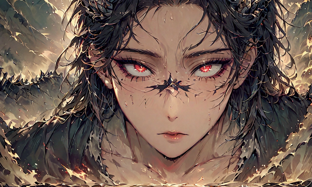A terrifying young man, His bulging muscles cling to his tattered clothes, Wild eyes，Hand-held samurai sword. His shattered mask hints at the darkness beneath the surface. This vivid portrait, Maybe a painting, Capturing the focus of his gaze and the raw power of his gesture. Every detail, From frayed fabrics to jagged edges of masks, Extremely accurate presentation, Immerse the audience in a terrifying atmosphere full of malice and danger.