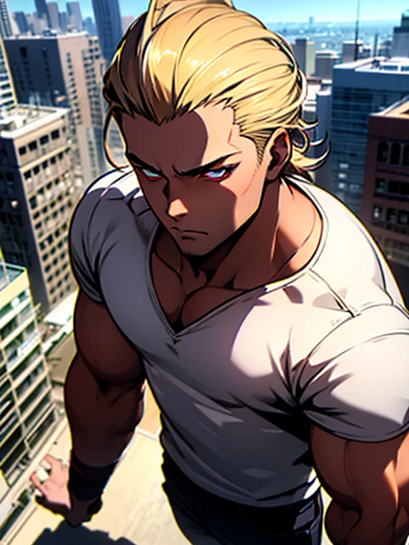 Masterpiece Quality, Perfect Generation, Sclera, Detailed Eyes, Skin, Blonde Slick Back Hair, Muscular, Casual Clothing, Bored Expression, , City Background, Full Body, Tanned Skin, Two Toned Red Highlighted Hair, Teen, School Background, male 