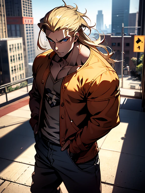 Masterpiece Quality, Perfect Generation, Sclera, Detailed Eyes, Skin, Blonde Slick Back Hair, Muscular, Casual Clothing, Bored Expression, , City Background, Full Body, Tanned Skin, Two Toned Red Highlighted Hair, Teen, School Background, male 