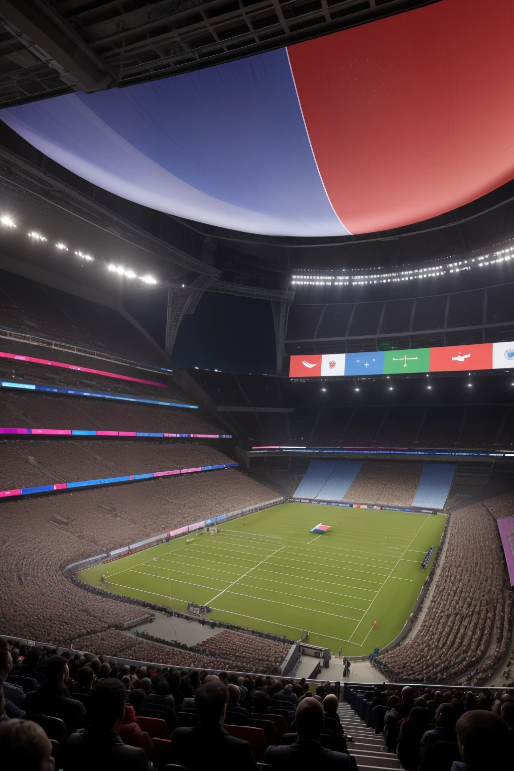 Montrez un grand plan magnifique de l'enceinte olympique illuminée et pleine de spectateurs enthousiastes qui s'élevent dans les gradins. Voici des drapeaux de différents pays déployés dans l'air, marquant la diversité de la compétition. Les faisceaux de lumière colorés traversent le ciel en s'élevant, créant un tableau incroyablement beau et émouvant, qui résonne avec les émotions uniques des spectateurs. Les ombres et les contrastes s'ajustent de manière parfaite, tout en donnant une impression de