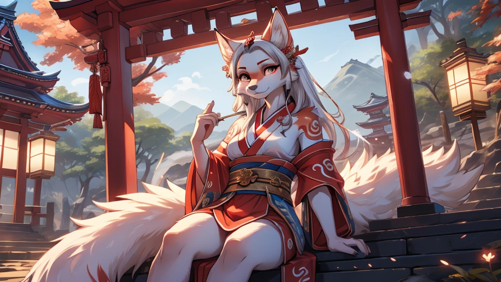 white fur kisune, amaterasu eyes, add high definition_detail:1, blue fur,kitsune ears, tribal tattoo add_detail:1, pretty girl add_detail:1, feudal priestess clothing add_detail:1, japanese shrine scenery add_detail:1, japanese shrine costume add_detail:1, bare left leg add_detail:1, add full body_detail 