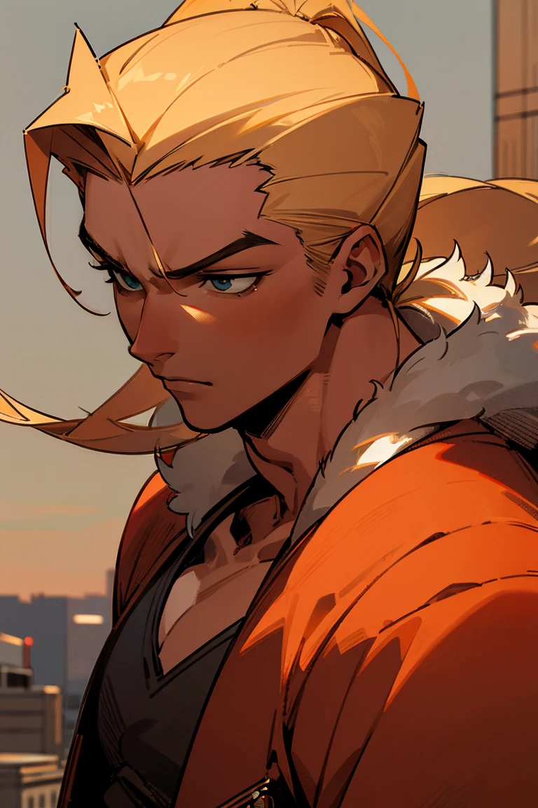 masterpiece quality, perfect generation, Sclerotic, detailed eyes, fur, Slick back blonde hair, muscular, casual clothes, bored expression, , city background, Whole body, Tanned fur, Hair with red highlights in two tones, adolescent, School background, male 