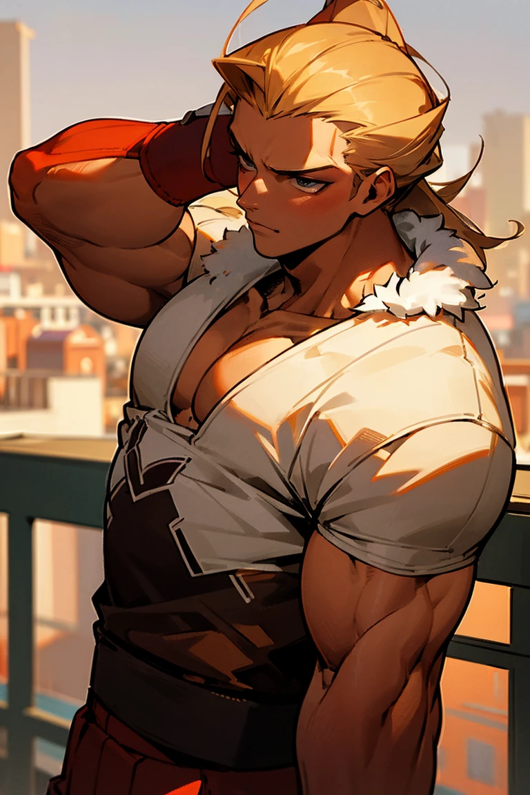 masterpiece quality, perfect generation, Sclerotic, detailed eyes, fur, Slick back blonde hair, muscular, casual clothes, bored expression, , city background, Whole body, Tanned fur, Hair with red highlights in two tones, adolescent, School background, male 