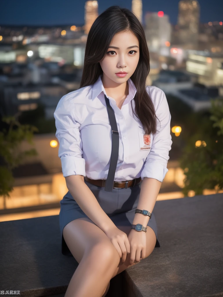 1girl, (uniform), sits with her legs pressed to her chest, detailed night view ofMetropolitan city at the background, detailed face, detailed eyes, brunette, big breasts, smooth realistic skin, semi-curvy body, white shirt, grey blue hot miniskirt , looking at the audience, Full body shot, camera from above, overhead view, (8k, RAW photo, best quality, masterpiece: 1.2), (realistic, realistic: 1.37), ultra-high resolution