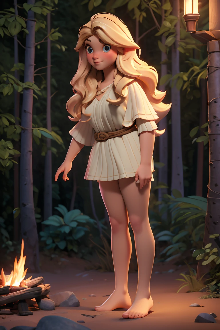 (masterpiece),highly detailed 3d character sheet, best quality, expressive eyes, perfect face, solo, front view, full body, naked plump hobbit woman, white skin, peach skin, light details, wavy blonde hair, cozy atmosphere in the forest at night, standing by a campfire, color rendering octane, unreal engine 5.8, uhd