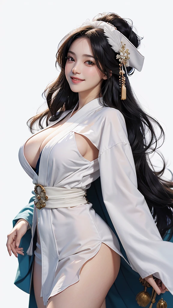 master piece,　best quality,　ultra detailed,　photorealistic,　voluptuous,　****ung girl,　fair skin,　pale skin,　long hair,　black hair,　smile,　tareme,　mega breasts,　gorgeous bluck kimono,　cowboy shot,　looking up,　white background