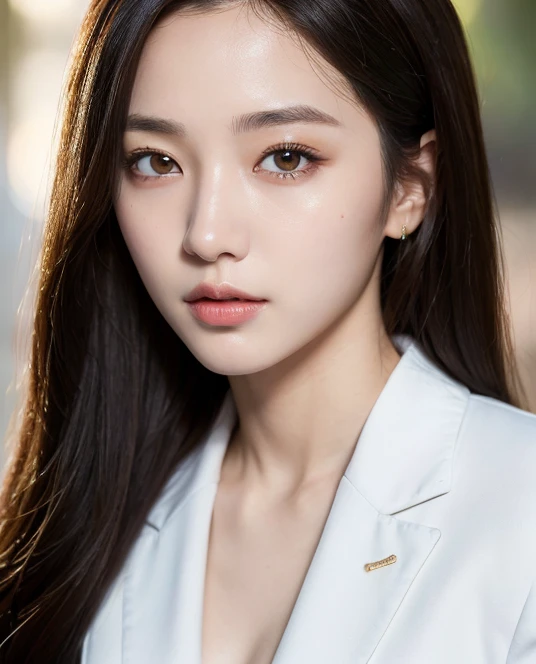 ((best quality)), ((masterpiece:1.3)), (detailed), (Photorealsitic:1.4), (golden ratio face) , (named YUNA_LEE), ((Double Eyelids)), (korean), (Slender girl), 1 girl, korean, kpop, 21 years old, long black straight hair, (symmetrical) (hazel) eyes, pale detailed skin with pores, skinny and athletic boddy, 38B bra size, Slender Abs: 1.2, Narrow waist, Masterpiece, Top Quality, 8k, UHD. (BREAK). Looking at the viewer, close portrait, Bokeh, white blouse and navy ((blue blazer)).