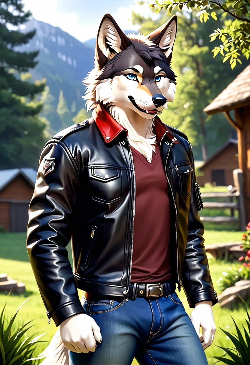 Sexy posting, Male, 30 years old, cute, eyeliner, lip biting smile, black leather jacket, anthro, wolf ears, (black fur:1.0), Timberwolf, grassy yard background, 8k, hi res, (best quality, masterpiece), detailed fur, solo, red collar, blue jeans, blue eyes, standing, seductive.