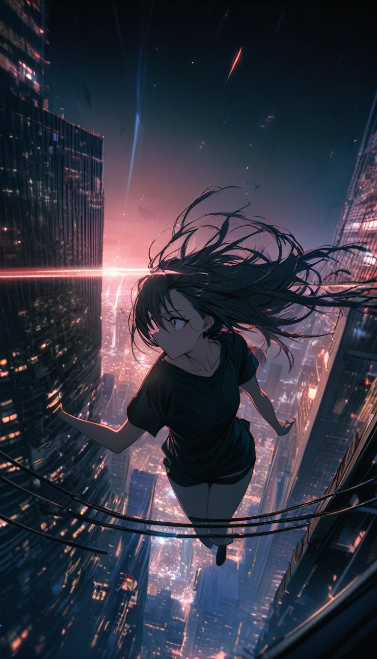 Highest quality, Super Fine, 16K, Incredibly absurd, Very detailed, Beautiful woman sitting on a trapeze suspended between two skyscrapers, Gazing into the distance, Wear a loose long T-shirt, Captivating look, Wind, Wind-effect, moonlit nightscape, (Nice views:1.1) , Heavy Metal