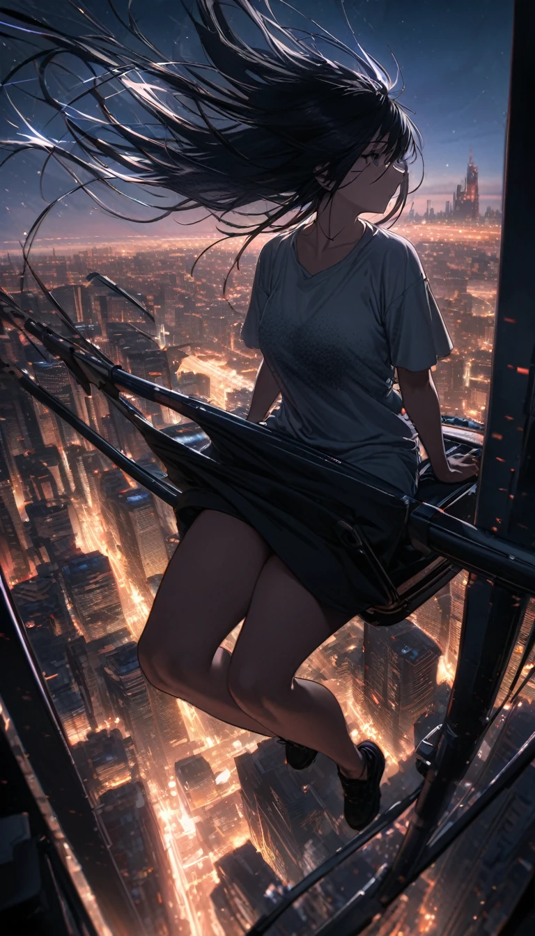 Highest quality, Super Fine, 16K, Incredibly absurd, Very detailed, Beautiful woman sitting on a trapeze suspended between two skyscrapers, Gazing into the distance, Wear a loose long T-shirt, Captivating look, Wind, Wind-effect, moonlit nightscape, (Nice views:1.1) , Heavy Metal