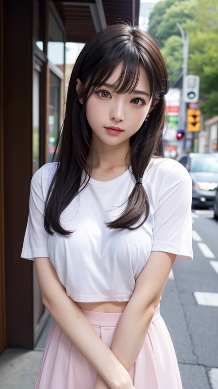 8k, artwork, Highest quality, Realistic, Very detailed, 1 girl,  Realistic skin texture, ((垂れDownがった大きな胸:1.4)), Underbust:1.5, ((Down乳の素肌が丸見えになる丈の短い緩いTシャツを着ています)),sexy, Erect and transparent nipples, Down , Micro Mini Skirt, , Cinema Lighting, Face Focus, Narrow eyes, Facial details, Bright Face, Light of the sun, Outdoor cafe in the background, Low angle shot, Downからの眺め

#Create a great background for your scene. The woman is posing confidently, Exudes elegance and dignity. Add a playful touch to a sophisticated look. The rooftops are shining with the warm city lights, The presence of bright neon lights dotting the horizon、The atmosphere increases。.。. 画像はHighest qualityです, シャープなフォーカスとVery detailedな機能, Capturing every nuance of a woman&#39;Facial expressions and surroundings. The overall effect is realistic and immersive, HDR rendering enhances rich colors and textures.