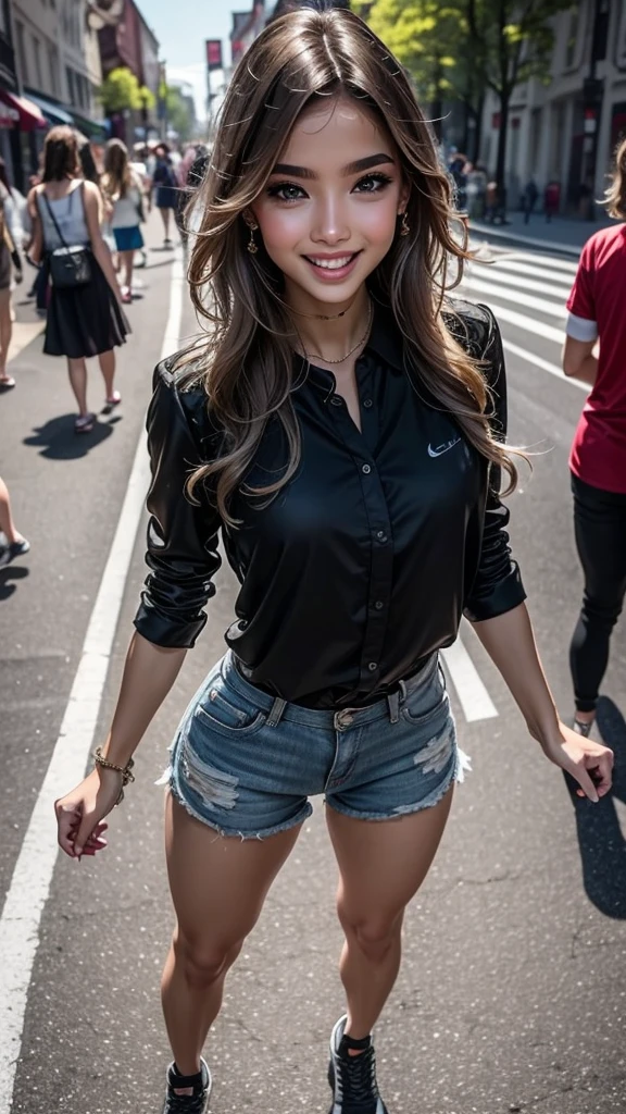 Perfect body, group of Young city girl in the street, masterpiece, (solo:1.1), different ethnicities, different ages (18-45 years old), sexy, all fully clothed in different outfits (different colors, formal, casual, dress, shorts, erc), big huge tits, small waists, round asses, perfect beautiful faces, big eyes, big smile, open mouth. Seen from above