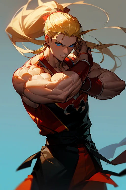 andykof, 1boy, solo, blonde hair, blue eyes, long hair, male focus, cowboy shot, ponytail, muscular,dougi,martial arts belt,, (masterpiece, best quality,highres, perfect hands)