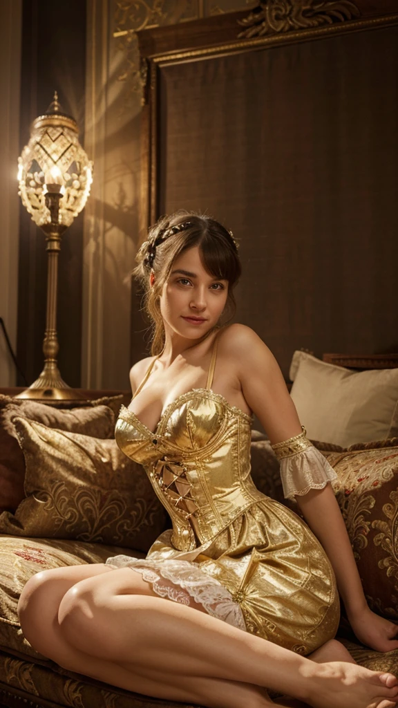 Image about victorian era: the britain royal bedroom of palace, beautiful detailed ornament, full of medieval furniture, warm classic lamp at night, white and gold theme, a girl wear victorian drees with bustier, has a bohemian medieval hair style, smilling brilliant, sitting on a round sofa, greatest motifs ever of era, realistic, 4k, 