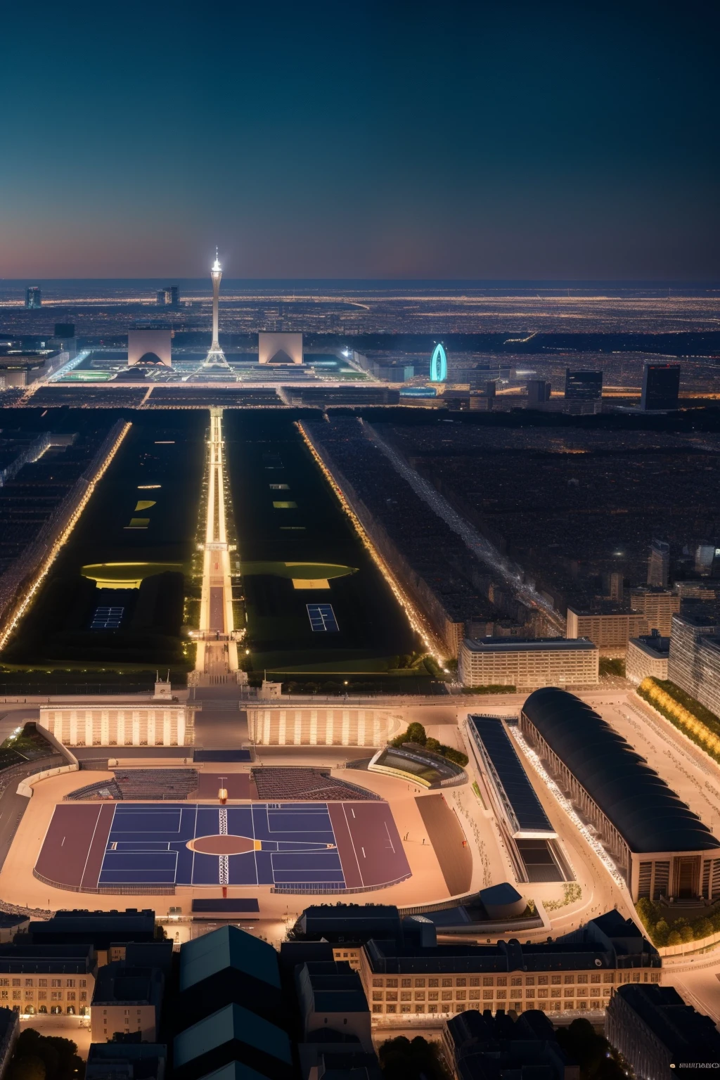 Montrez un magnifique plan de l'enceinte olympique éclairée à la nuit, pleine de spectateurs passionnés, en profondeur. Incorporez également différents drapeaux des pays et des faisceaux lumineux colorés traversant le ciel en arrière-plan.

Imaginez une vue à grande échelle de l'enceinte olympique illuminée de nuit, remplie de spectateurs enthousiastes, en détail. Ajoutez également différents drapeaux des pays et des faisceaux lumineux colorés qui traversent le ciel en arrière-plan.
