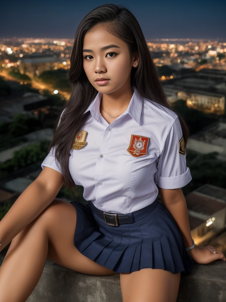 1girl, (Indonesian_high_school_uniform), sits with her legs pressed to her chest, detailed night view ofMetropolitan city at the background, detailed face, detailed eyes, brunette, big breasts, smooth realistic skin, semi-curvy body, white shirt, grey blue hot miniskirt , looking at the audience, Full body shot, camera from above, overhead view, (8k, RAW photo, best quality, masterpiece: 1.2), (realistic, realistic: 1.37), ultra-high resolution