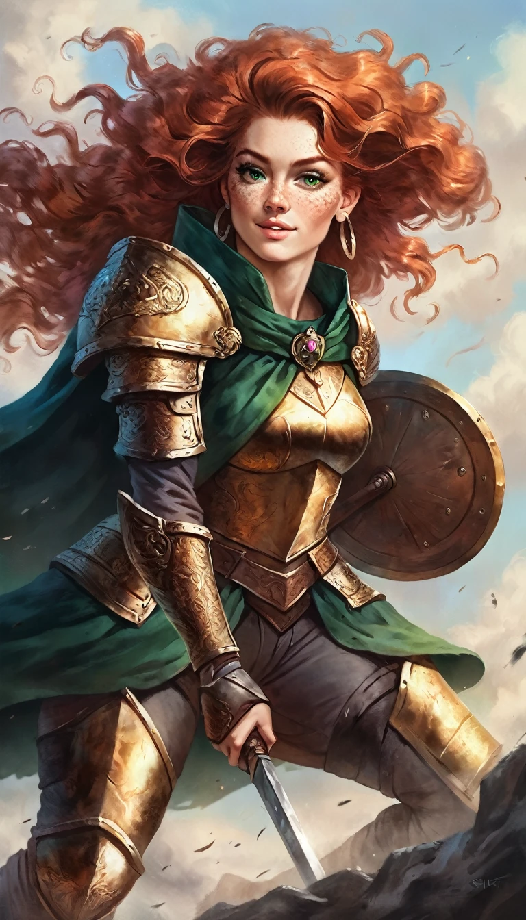 full body, art of a single Human Caucasian Woman with long ginger hair, freckles, long eyelashes, vivid green eyes wearing a medieval gold plate armor with a green ragged cape, posing half kneeling and wielding a shield in front and warhammer at back, strong wind, asymmetrical hair, braided ponytail, strong musculature, strong arms, curly hair, hair between eyes, wavy hair, big hair, expressive hair, shiny hair, makeup, light smile, closed mouth, bright pupils, smiley, crescent earrings, 8k, super detail, best quality, accurate, highres, best quality, lateral side pov