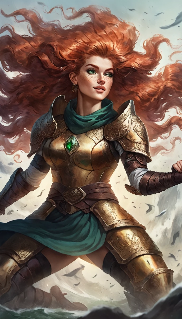 full body, art of a single Human Caucasian Woman with long ginger hair, freckles, long eyelashes, vivid green eyes wearing a medieval gold plate armor with a green ragged cape, posing half kneeling and wielding a shield in front and warhammer at back, strong wind, asymmetrical hair, braided ponytail, strong musculature, strong arms, curly hair, hair between eyes, wavy hair, big hair, expressive hair, shiny hair, makeup, light smile, closed mouth, bright pupils, smiley, crescent earrings, 8k, super detail, best quality, accurate, highres, best quality, lateral side pov