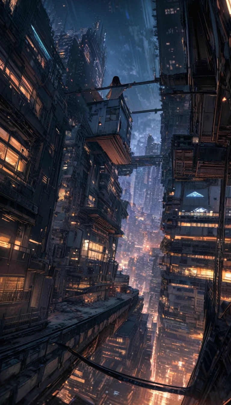 Highest quality, Super Fine, 16K, Incredibly absurd, Very detailed, Beautiful woman sitting on a trapeze suspended between two skyscrapers, Gazing into the distance, Wear a loose long T-shirt, Captivating look, Wind, Wind-effect, moonlit nightscape, (Nice views:1.1) , Heavy Metal