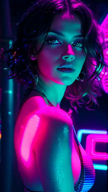 arafed woman in bikini posing in front of neon signs, neon and dark, glowing neon, glowing neon skin, portrait de fille aux ondes lumineuses, neon glow, neon light, subtle neon lighting, brillant d'une lumière colorée, neon glowing, lueur cyberpunk brillante, Neon Night, glow of neon lights, Douce atmosphère de néon, neon cyberpunk highlights, with neon lights