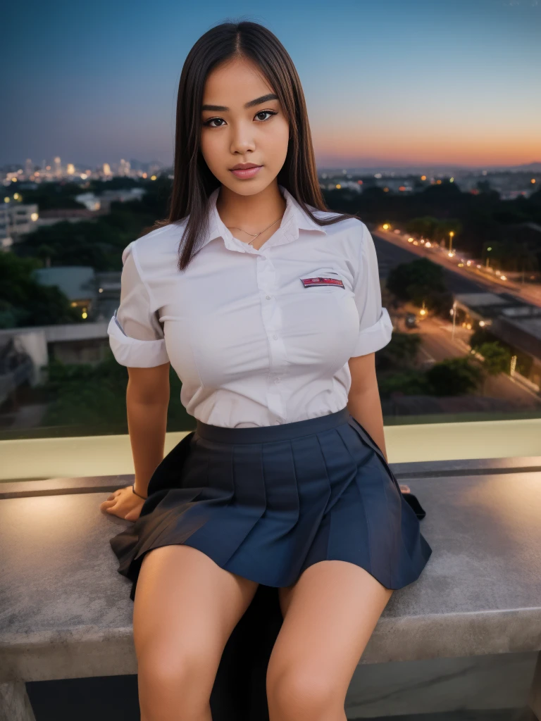 1girl, (Indonesian_high_school_uniform), sits with her legs pressed to her chest, detailed night view ofMetropolitan city at the background, detailed face, detailed eyes, brunette, big breasts, smooth realistic skin, semi-curvy body, white shirt, grey blue hot miniskirt , looking at the audience, Full body shot, camera from above, overhead view, (8k, RAW photo, best quality, masterpiece: 1.2), (realistic, realistic: 1.37), ultra-high resolution