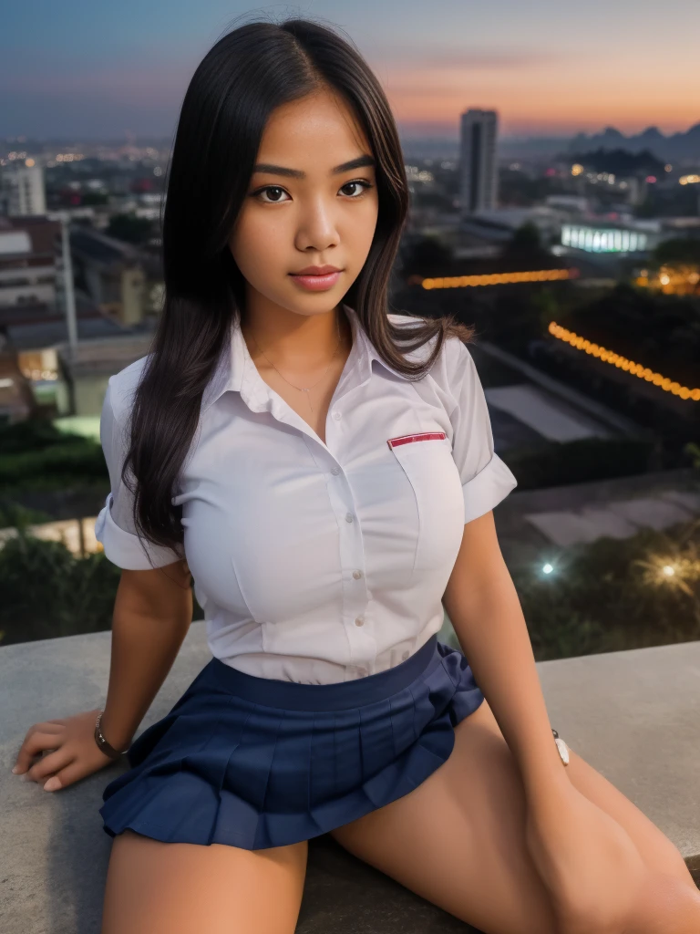 1girl, (Indonesian_high_school_uniform), sits with her legs pressed to her chest, detailed night view ofMetropolitan city at the background, detailed face, detailed eyes, brunette, big breasts, smooth realistic skin, semi-curvy body, white shirt, grey blue hot miniskirt , looking at the audience, Full body shot, camera from above, overhead view, (8k, RAW photo, best quality, masterpiece: 1.2), (realistic, realistic: 1.37), ultra-high resolution
