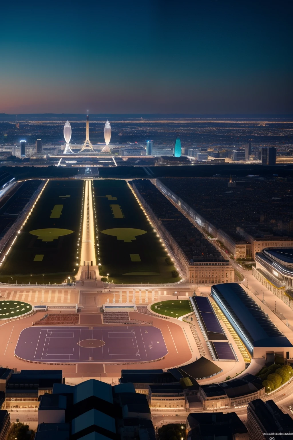 Montrez un magnifique plan de l'enceinte olympique éclairée à la nuit, pleine de spectateurs passionnés, en profondeur. Incorporez également différents drapeaux des pays et des faisceaux lumineux colorés traversant le ciel en arrière-plan.
Imaginez une vue à grande échelle de l'enceinte olympique illuminée de nuit, remplie de spectateurs enthousiastes, en détail. Ajoutez également différents drapeaux des pays et des faisceaux lumineux colorés qui traversent le ciel en arrière-plan.