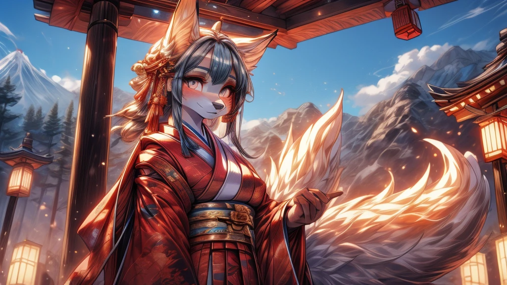 white fur kisune, amaterasu eyes, add high definition_detail:1, blue fur,kitsune ears, tribal tattoo add_detail:1, pretty girl add_detail:1, feudal priestess clothing add_detail:1, japanese shrine scenery add_detail:1, japanese shrine costume add_detail:1, bare left leg add_detail:1, add full body_detail 
