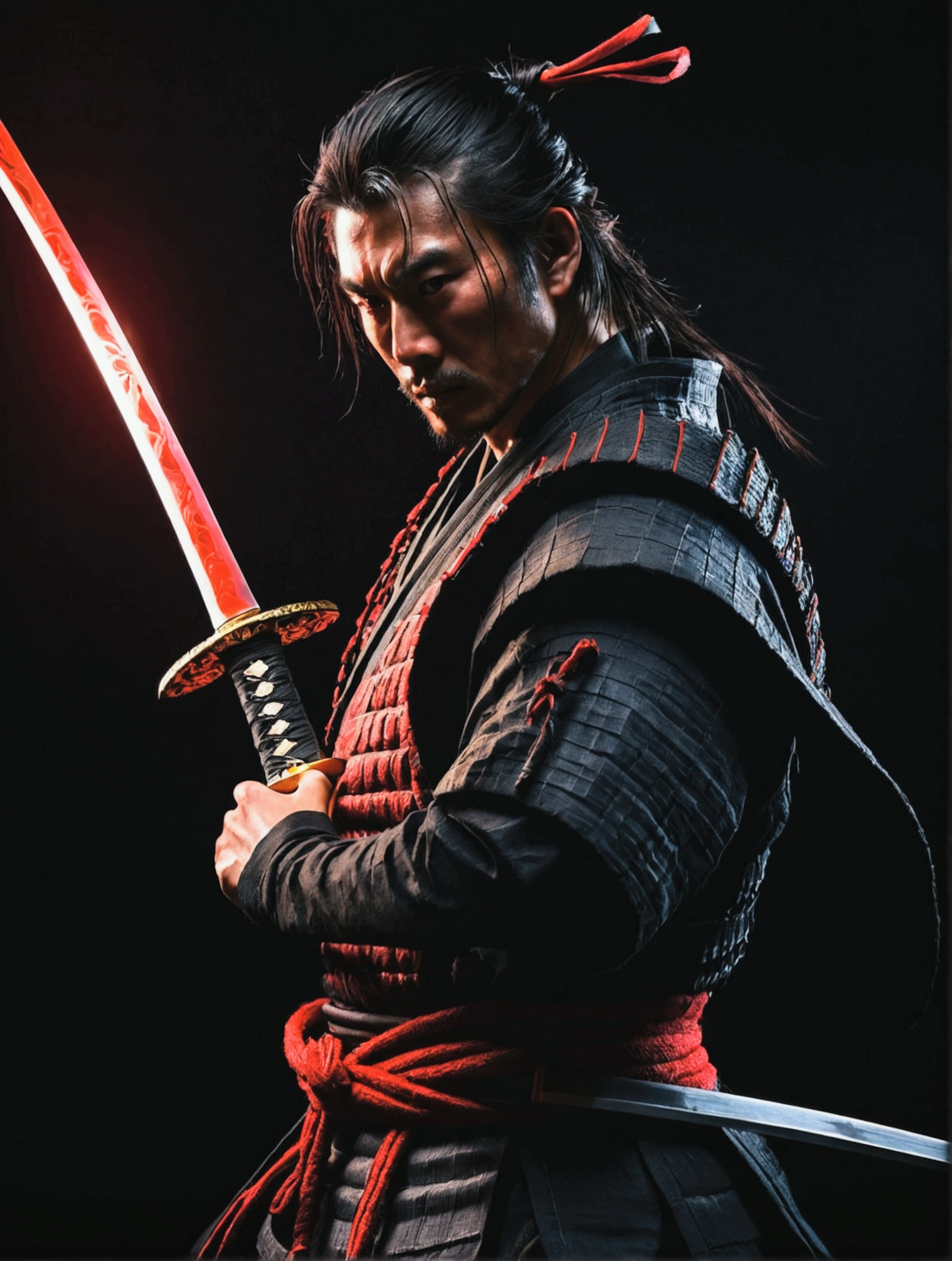 Samurai in dark clothes, Parts theft, The sword glows red, Alongside, Deep dark background, Realistically,