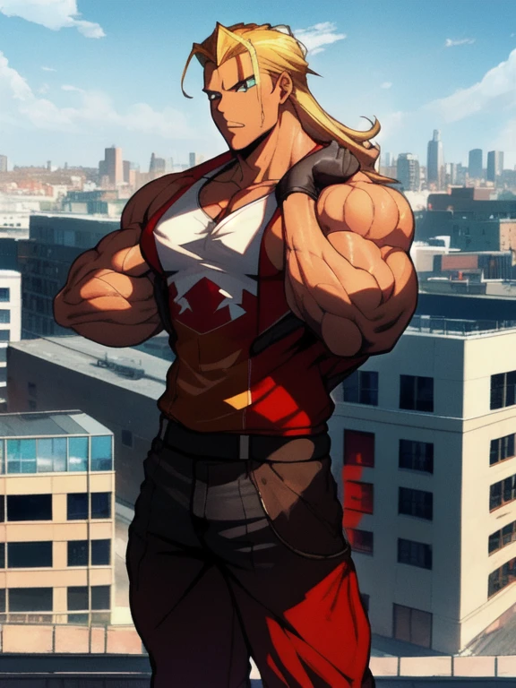 andykof, 1 chico, Blonde Slick Back Hair, Muscular, Casual Clothing, Bored Expression, , City Background, Full Body, Tanned Skin, Two Toned Red Highlighted Hair, School Background, male