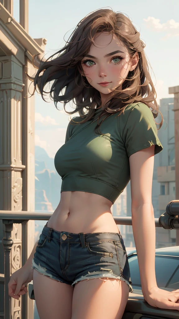 very detailed background, mesa, Best Quality, 1 woman, Alone, ((mesa, Best Quality)),better aesthetics, eye shadows, Wavy Brown hair, green eyes, loose hair , smile, by the wide, looking at the viewer, medium breasts, Brown hair, ripped red top, ripped shorts