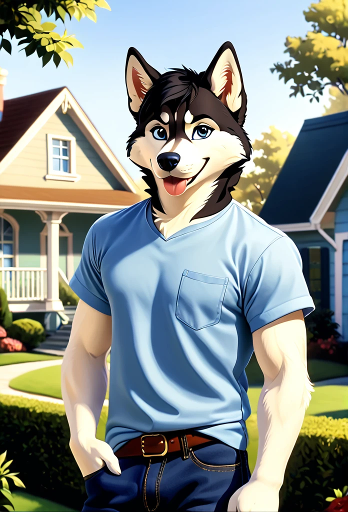 Sexy Posing, 1male, 30 years old, cute, eyeliner, short black hair, biting lip smile, light blue shirt, anthro, husky dog, front yard background, 8k, hi res, (best quality, masterpiece), blue eyes, standing, husky tail, black jeans, seductive, Dogkin, disney style