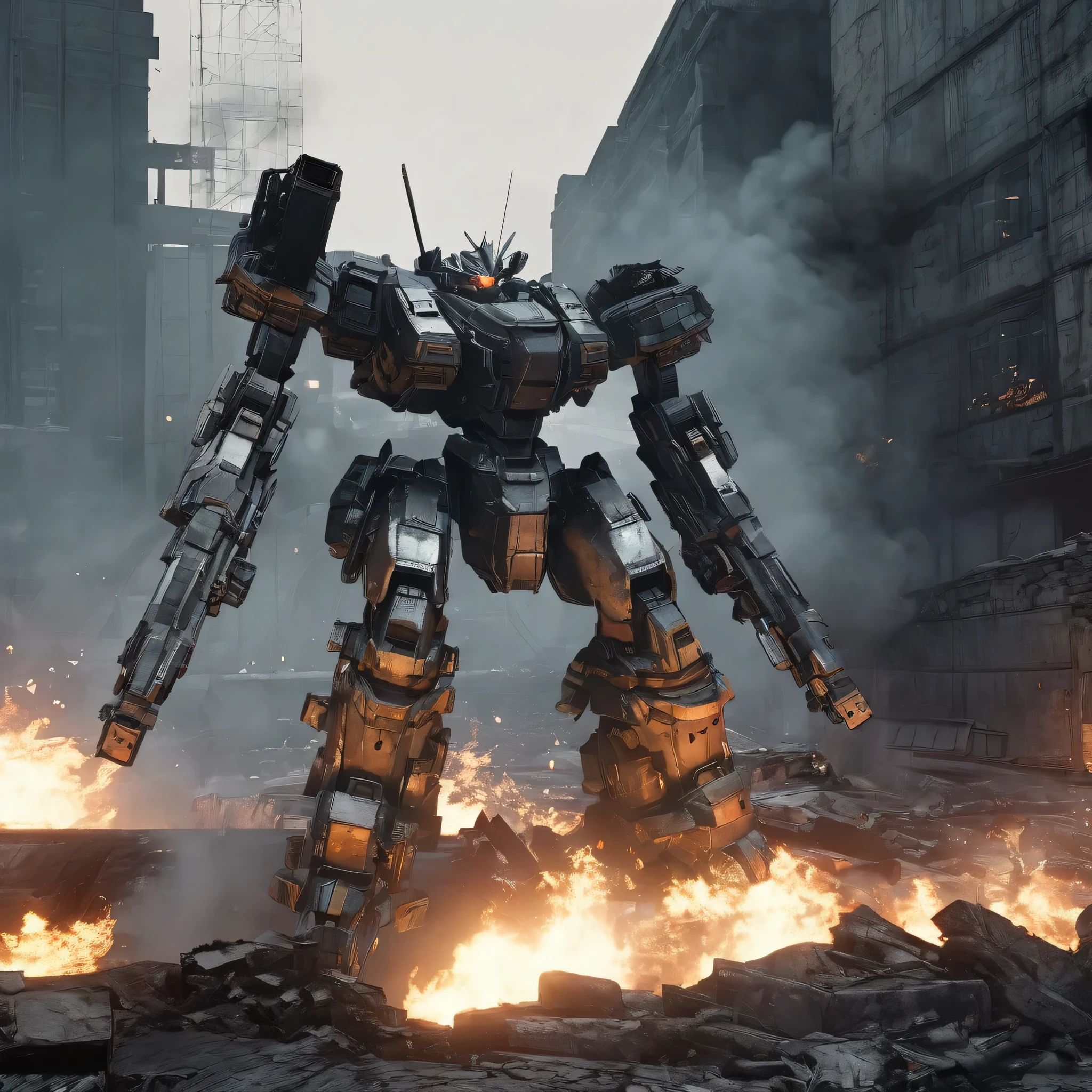game cg, 8K, armored core style, huge robot, fighting on ruins, fire, smoke,