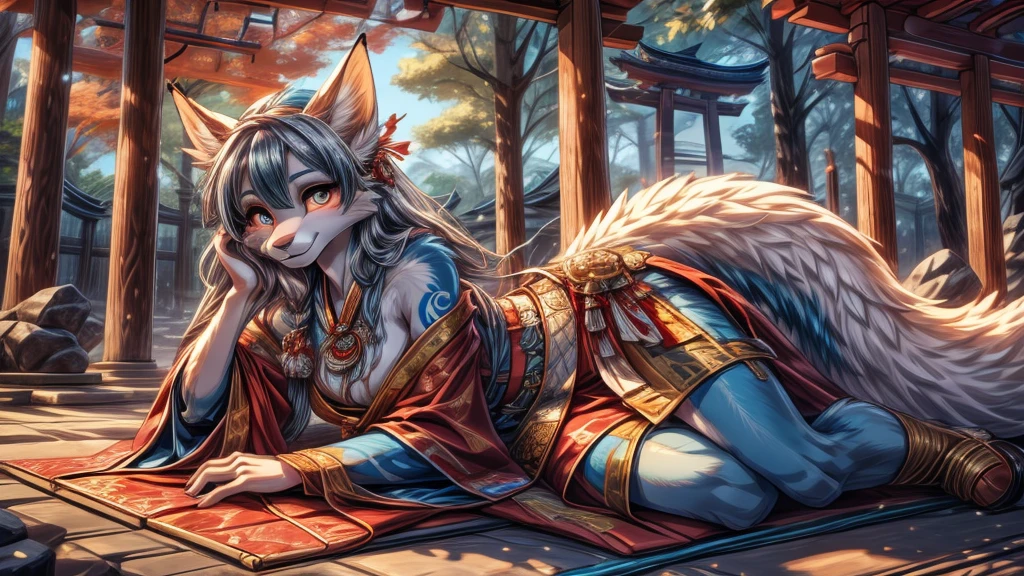 white fur kisune, amaterasu eyes, add high definition_detail:1, blue fur,kitsune ears, tribal tattoo add_detail:1, pretty girl add_detail:1, feudal priestess clothing add_detail:1, japanese shrine scenery add_detail:1, japanese shrine costume add_detail:1, bare left leg add_detail:1, add full body_detail, lying under a tori gate