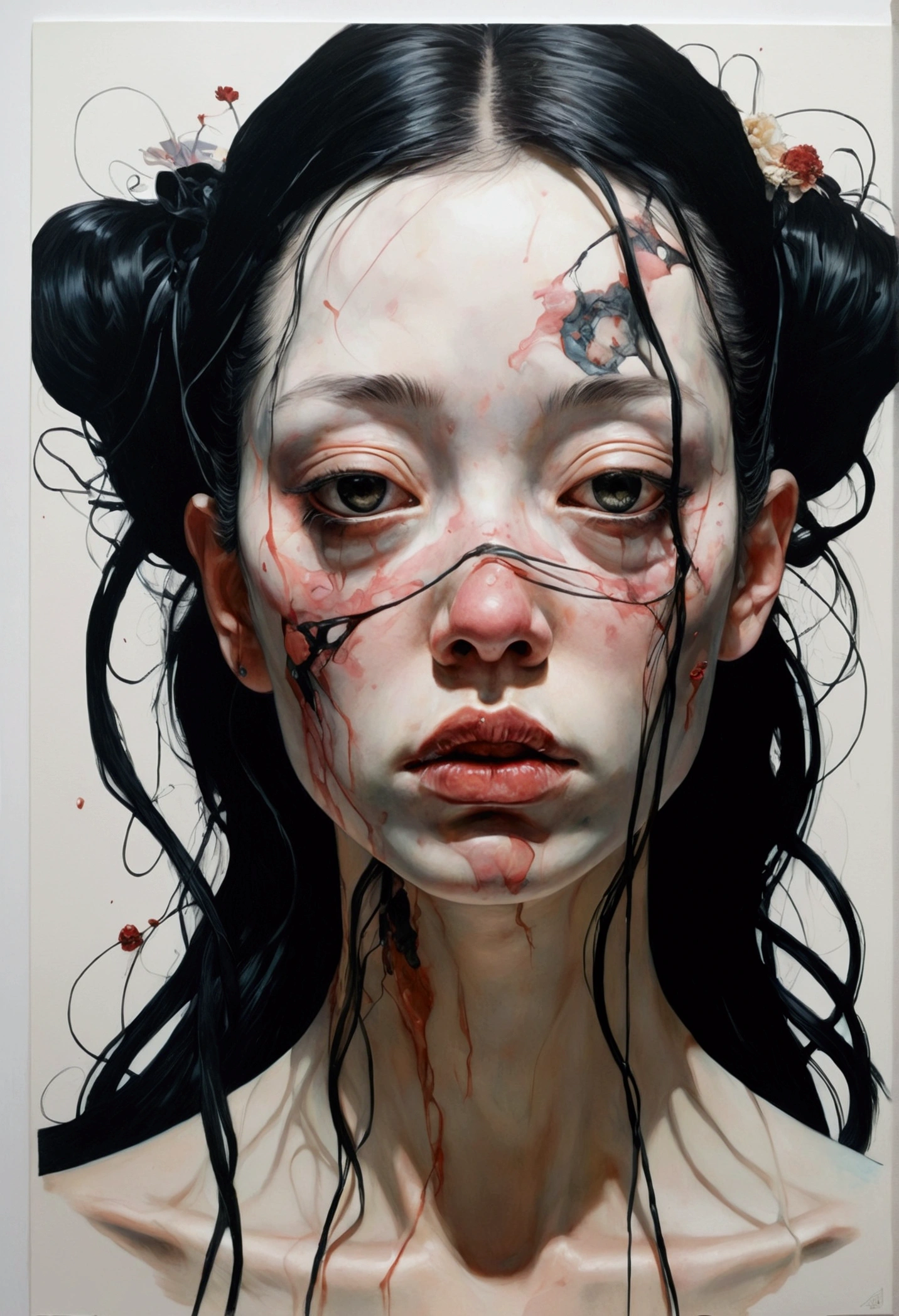 there is ugliness in beauty, But there is also beauty in ugliness. in the style of adrian ghenie, tente Andrews, Jenny Saville, Eduardo Hopper, Surrealism, Black Art by James Jean, takato yamamoto, Minimalist punk ink. Tim Burton style. Gothic.