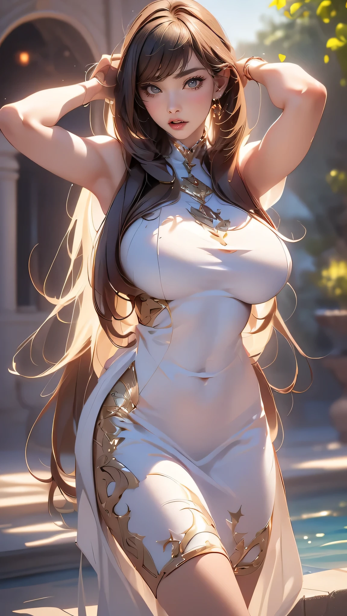 Poolside,(random dynamic poses:1.2),Swimsuit,highly detailed skin,(Thin type:1.8),(big breasts:1.5), beautiful breasts,white skin, pointed chest, erect nipples,(super thin hair), (super soft hair), (ultra straight hair:1.5), long flowing bangs, very light coppery amber hair, hair above one eye, (movie-like scene, fantasy art, best image quality, (8k), Super realistic, 最high quality, high quality, High resolution, high quality texture, high detail, beautiful, Detailed, Highly detailed CG, detailed texture, realistic facial expression, masterpiece, before, dynamic, bold)