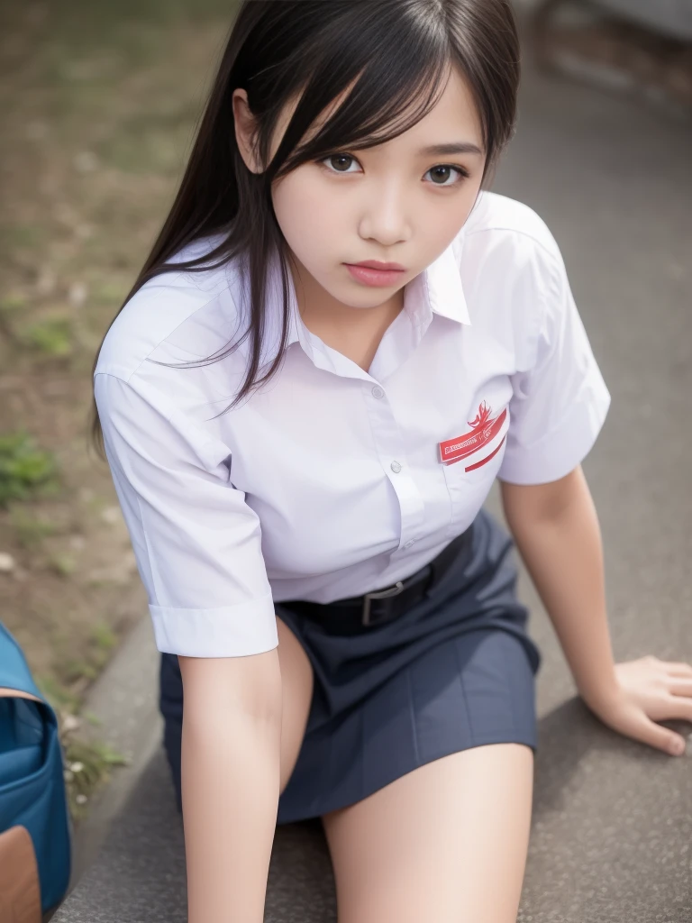 1girl, (Indonesian_high_school_uniform), sitting, detailed night view of Metropolitan city at the background, detailed face, detailed eyes, brunette, big breasts, smooth realistic skin, semi-curvy body, white shirt, grey blue hot miniskirt , looking at the audience, Full body shot, camera from above, overhead view, (8k, RAW photo, best quality, masterpiece: 1.2), (realistic, realistic: 1.37), ultra-high resolution