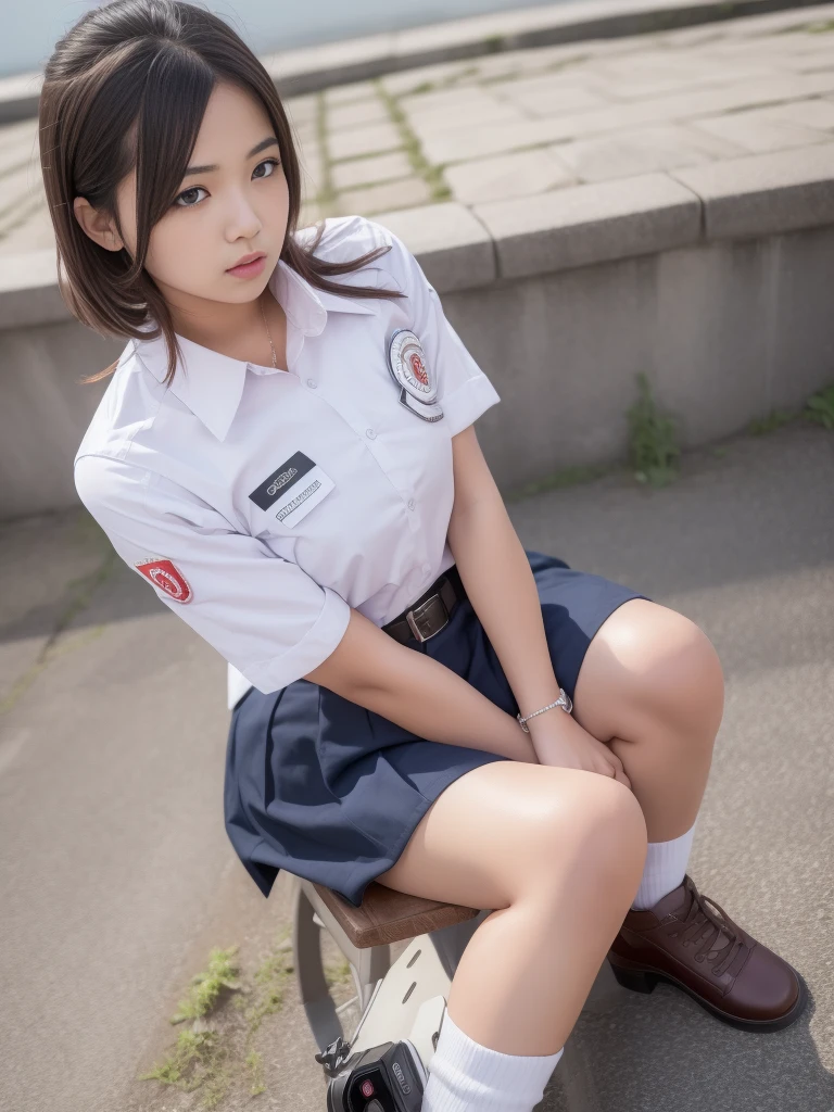 1girl, (Indonesian_high_school_uniform), sitting, detailed night view of Metropolitan city at the background, detailed face, detailed eyes, brunette, big breasts, smooth realistic skin, semi-curvy body, white shirt, grey blue hot miniskirt , looking at the audience, Full body shot, camera from above, overhead view, (8k, RAW photo, best quality, masterpiece: 1.2), (realistic, realistic: 1.37), ultra-high resolution