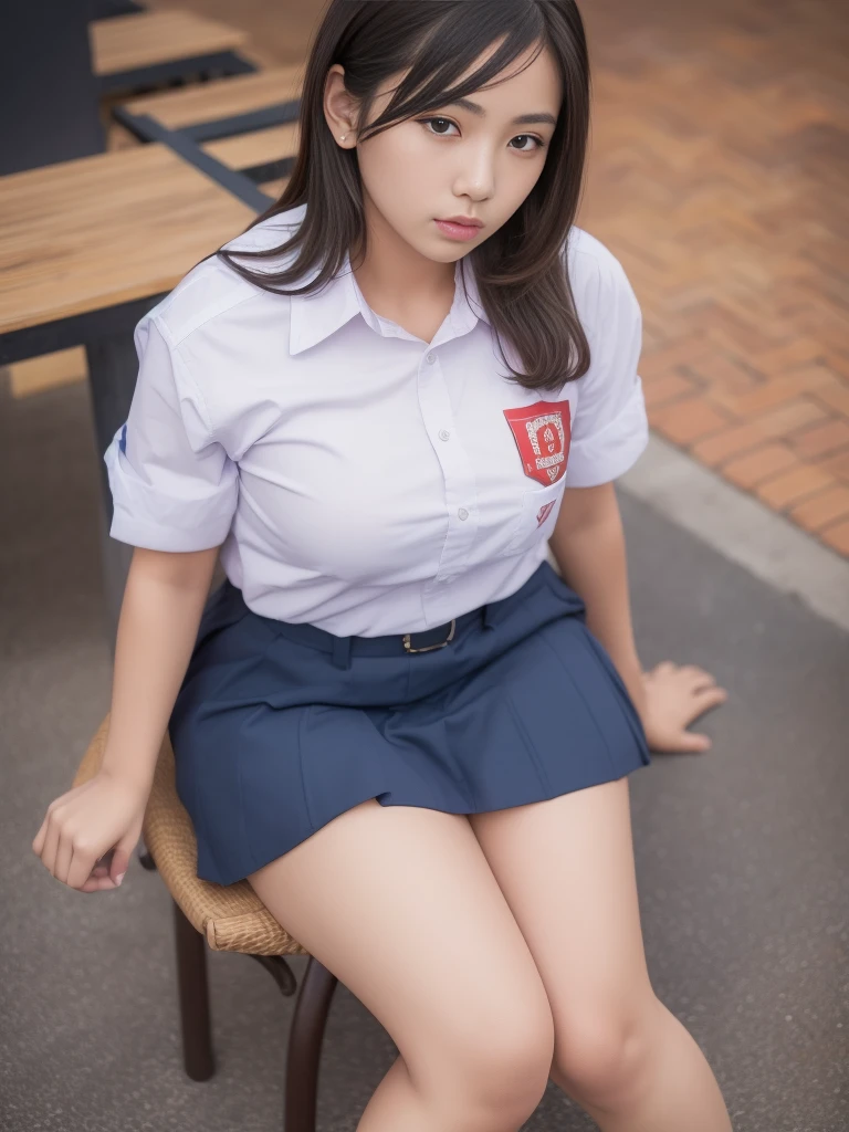 1girl, (Indonesian_high_school_uniform), sitting, detailed night view of Metropolitan city at the background, detailed face, detailed eyes, brunette, big breasts, smooth realistic skin, semi-curvy body, white shirt, grey blue hot miniskirt , looking at the audience, Full body shot, camera from above, overhead view, (8k, RAW photo, best quality, masterpiece: 1.2), (realistic, realistic: 1.37), ultra-high resolution